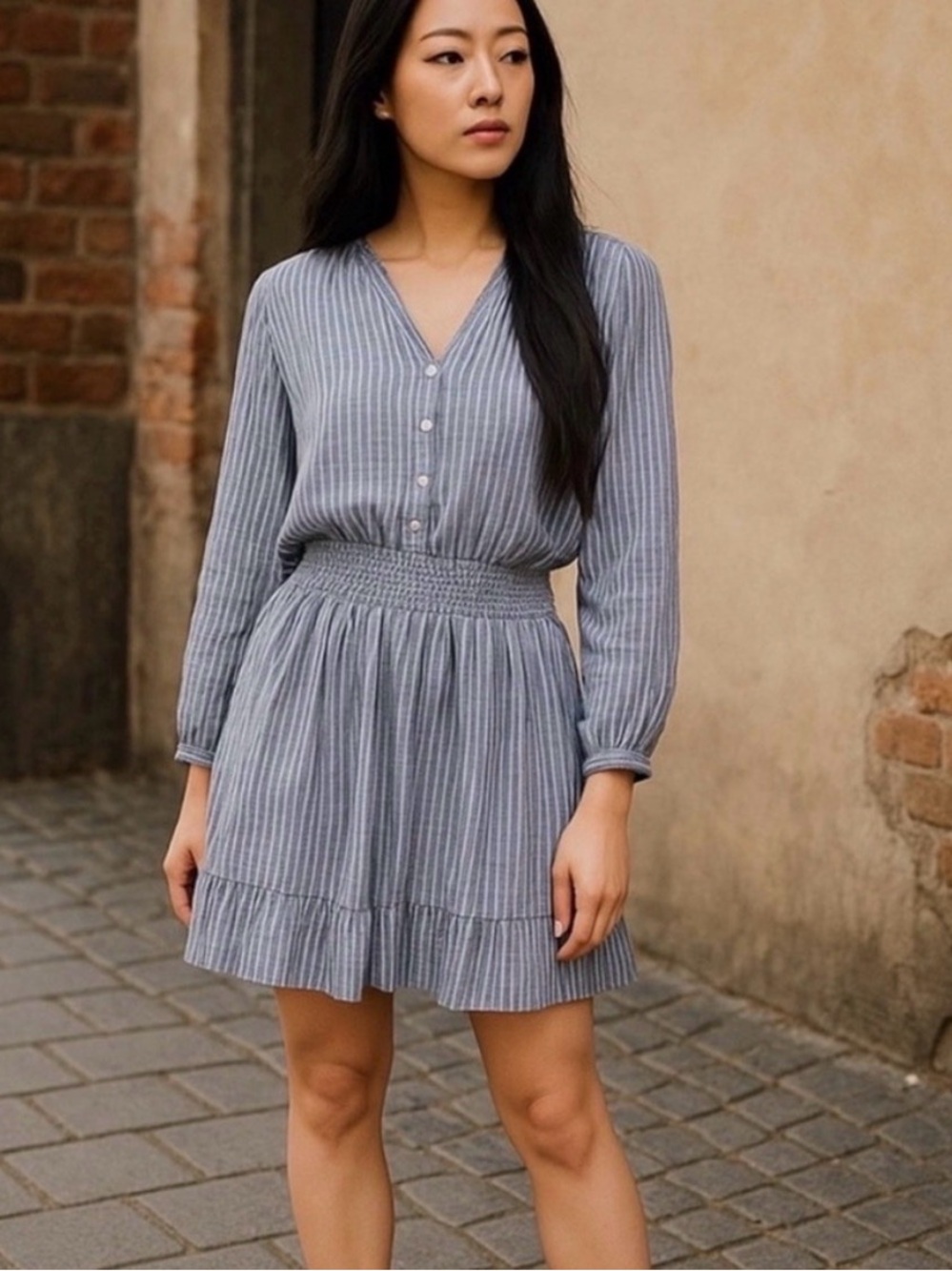 Rails Tibet Stripe Jasmine Smocked Waist ShirtDress Linen Blend